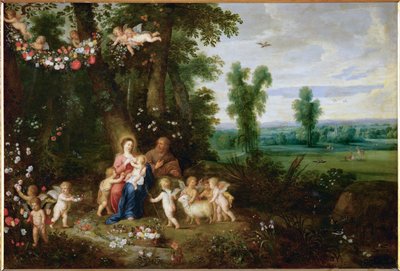 Den hellige familie med Johannes Døberen og engle (maleri på kobber) af Pieter van Avont