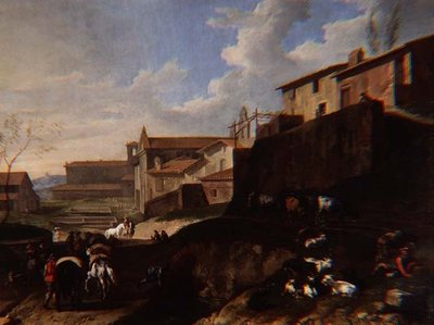Capriccio-udsigt med kirker, hytter og rejsende (olie) af Pieter van Bloemen