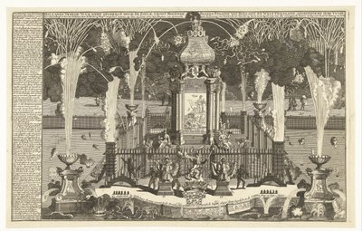 Fyrværkeri til ære for freden i Utrecht, 1713 Hollandsk fredsfyrværkeri opført af de noble Groot Mogende Heeren-stater Holland og Vestfriesland, affyret i floden til Haag (...) (titel på objektet) af Pieter van Buysen jr.