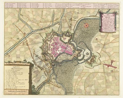Kaart van het beleg van Menen, 1706 Plan for byen Menin med angrebene (...) fra de allieredes tropper (...). (titel på objekt) af Pieter van Call (II)