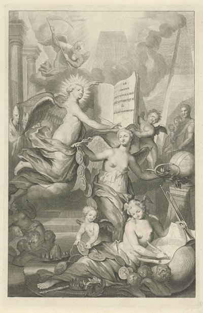 Berømmelse, evighed og skrivekunst Titelside til Louis Moréri, Le grand dictionaire historique, 1731 af Pieter van Gunst