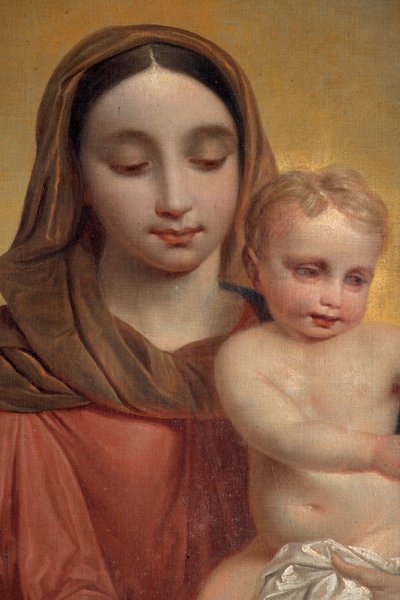 Indefra, maleri "Vor Frue med Barn med rosenkrans", altertavle på hovedalteret af P. Van Hanselaere af Pieter van Hanselaere