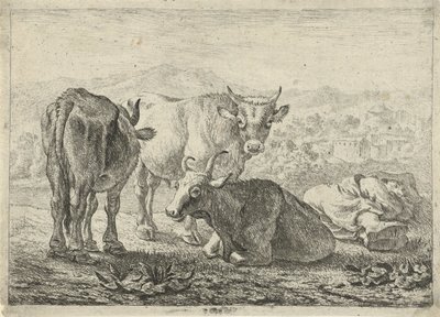 Tysk: Drei Rinder und ein schlafender Hirte
Fransk: Les boeufs
Tre kvæg og en sovende hyrde af Pieter van Laer
