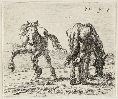 Tysk: Zwei Pferde auf einer Weide
Fransk: Les deux chevaux au pâturage
To heste på en eng af Pieter van Laer
