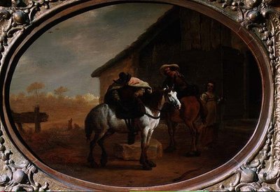 Rejsende, der forlader en kro (olie på panel) af Pieter van Laer