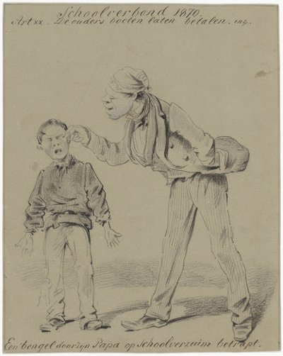 Far og søn En slyngel fangede skolefravær af sin far (titel på objekt) af Pieter van Loon