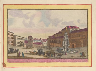 Springvand på pladsen Saint Dominic i Madrid Fontænen, på stedet for S. Dominicus; i Madrid (titel på objekt) Theatrum Hispaniae (...) (serietitel) af Pieter van den Berge
