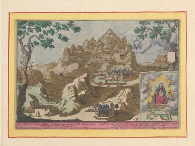 Udsigt over bjerget Montserrat Montferrat-bjergene, i Catalonien; at have tretten kluysjes fra Kluysenaaren, ved siden af ​​en Vor Frue Kirke (titel på objektet) Theatrum Hispaniae (...) (serietitel) af Pieter van den Berge