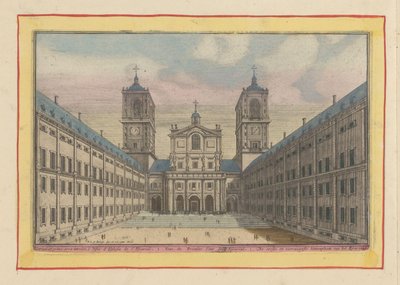 Udsigt over gården og indgangen til San Lorenzo-kirken i Escorial Den første og hovedgård i Escurial (titel på objekt) Theatrum Hispaniae (...) (serietitel) af Pieter van den Berge