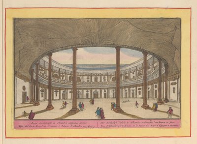 Udsigt over gården til Charles V-paladset i Granada Det kongelige palads i Alhambre, Granat; at se indefra (titel på objekt) Theatrum Hispaniae (...) (serietitel) af Pieter van den Berge