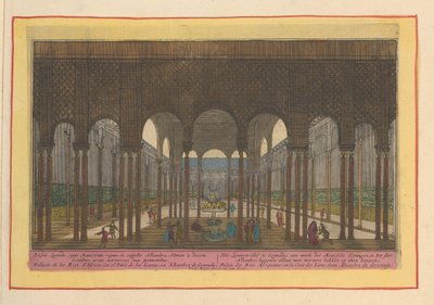 Udsigt over løvegården i Alhambra i Granada Løvens Hof, ved Granade; et værk af de mauriske konger, i Alhambre-slottet; lægger der to marmortrug på thien løver (titel på objektet) Theatrum Hispaniae (...) (serietitel) af Pieter van den Berge