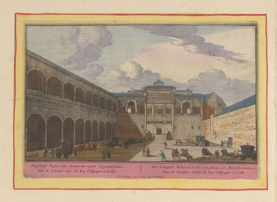 Udsigt over en gårdhave til Real Alcázar de Sevilla Det kongelige palads på Sicilien; en bygning af de mauriske konger (titel på objektet) Theatrum Hispaniae (...) (serietitel) af Pieter van den Berge