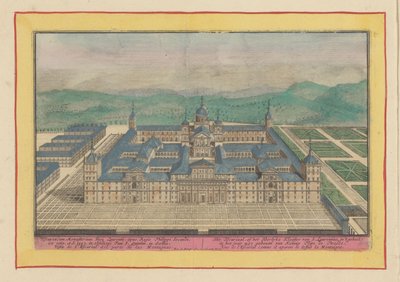 Escorial i fugleperspektiv Escuriaal, eller Heerlyke-klosteret i S. Laurentius, i sin helhed: bygget i år 1557 af kong Filip den Anden (titel på objektet) Theatrum Hispaniae (...) (serietitel) af Pieter van den Berge