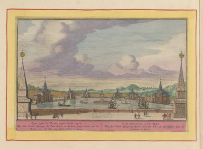 Stor dam med skibe i haverne ved Palacio del Buen Retiro i Madrid Groote Waterplaats, i Retiro (titel på objekt) Theatrum Hispaniae (...) (serietitel) af Pieter van den Berge