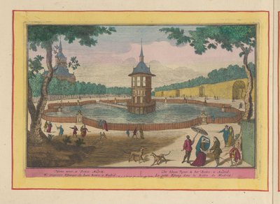 Lille dam i haverne ved Palacio del Buen Retiro i Madrid Den kleene Vyver, i Retiro; i Madrid (titel på objekt) Theatrum Hispaniae (...) (serietitel) af Pieter van den Berge