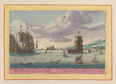 Tower of Belém beliggende i Taag -floden Bellem Casteel, lægning for Lissabon i Tajo (titel på objekt) Theatrum Hispaniae (...) (serietitel) af Pieter van den Berge