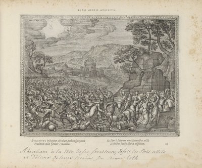 Abraham bevrijdt Lot Hjælp til et godt sind (titel på objekt) De hellige emblemer og begge testamenters hovedhistorier (Oude Testamente) (serietitel) Billeder og figurer af bøger (serietitel) af Pieter van der Borcht (I)