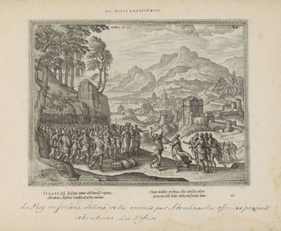 Abraham en de koning van Sodoma Vær denne jernvæg (titel på objekt) De hellige emblemer og begge testamenters hovedhistorier (Oude Testamente) (serietitel) Billeder og figurer af bøger (serietitel) af Pieter van der Borcht (I)