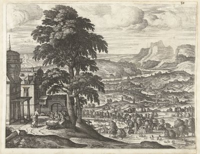 Abraham fodrer de tre engle Landskaber med historien om Abraham (serietitel) af Pieter van der Borcht (I)