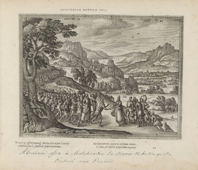 Abraham mødte Melkisedek En forening af fredelige sind (titel på objekt) De hellige emblemer og begge testamenters hovedhistorier (Oude Testamente) (serietitel) Billeder og figurer af bøger (serietitel) af Pieter van der Borcht (I)
