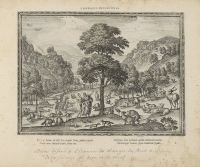 Gud viste Adam het paradijs Liberalt forbud (titel på objekt) De hellige emblemer og begge testamenters hovedhistorier (Oude Testamente) (serietitel) Billeder og figurer af bøger (serietitel) af Pieter van der Borcht (I)