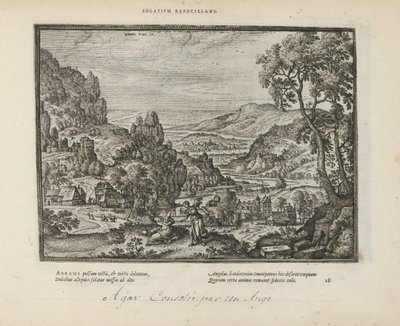Landschap met Hagar en de engel Trøst ilden (titel på objekt) De hellige emblemer og begge testamenters hovedhistorier (Oude Testamente) (serietitel) Billeder og figurer af bøger (serietitel) af Pieter van der Borcht (I)