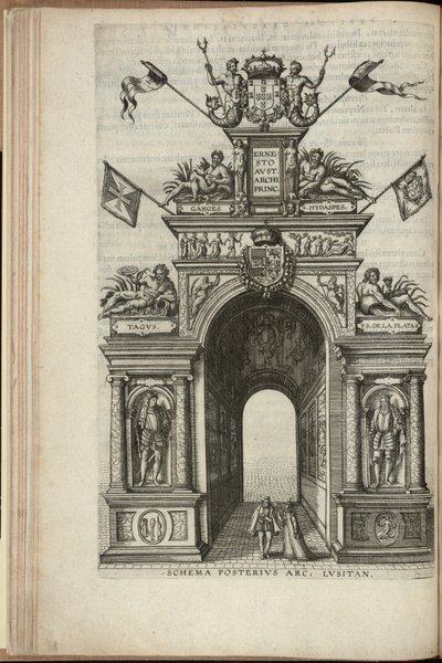 Floderne Tejo, Plata, Ganges og Hydaspes. Bagsiden af den portugisiske triumfbue, Ernst, ærkehertug af Østrigs indtog i Antwerpen, udgivet 1595 (gravering) af Pieter van der Borcht