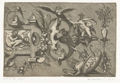 Højre halvdel af en stor kartouche, der forestiller natten Compertimenta pictoriis flosculis manubiisque... (serietitel) af Pieter van der Heyden