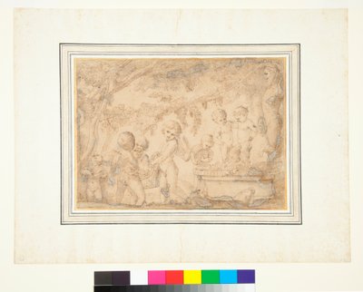 Putti and Infant Satyrs Pressing Grapes (pen og brun blæk og brun vask) af Pietro Testa