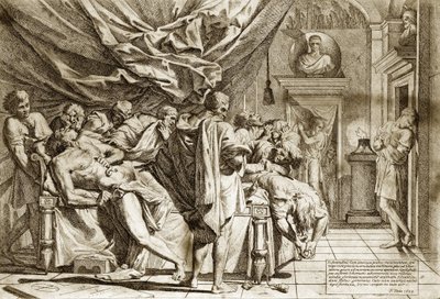 Cato den ældres død (Marcus Porcius Cato) eller Censor Caton (234-149 f.Kr.) af Pietro Testa 1648 - Catos død - 1648, af Pietro Testa (1612-1650 f.Kr.), radering - af Pietro Testa