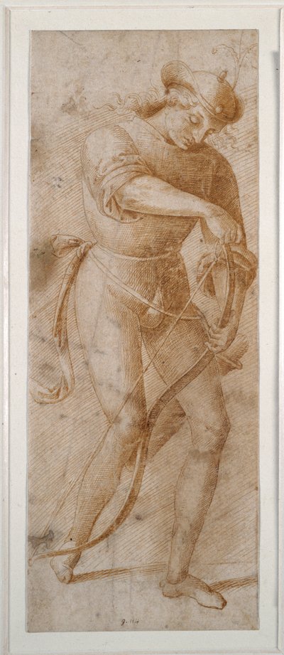 En ung mand snor sin sløjfe (pen og brunt blæk på hvidt papir) af Pietro (follower of) Perugino
