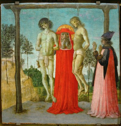 Sankt Hieronymus støtter to hængte unge mænd ... af Pietro (studio of) Perugino