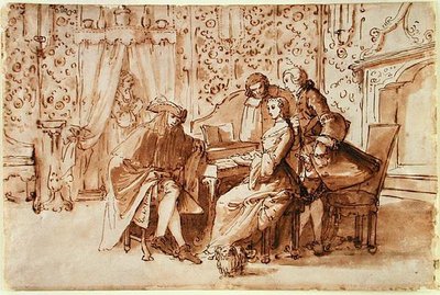A Music Party (pen og brun vask over sort kridt på papir) af Pietro Antonio Novelli