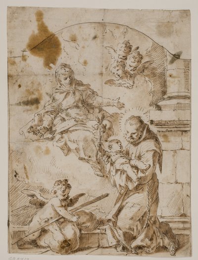 Sankt Antonius af Padua knæler med Kristusbarnet i armene, mens jomfruen og englene viser sig på himlen af Pietro Antonio Novelli