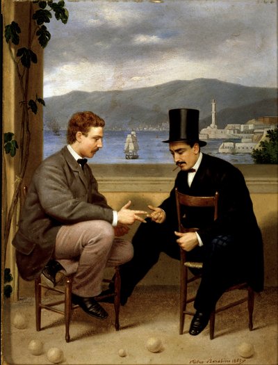 To spillere til at dø Spil af italiensk oprindelse "" morra"", en mand i jakkesæt med høj hat og cigar har munden siddende i caliphourchon på stolen. Maleri af Pietro Barabino (1822-1869) 1865 søn. 25,5x19,5 cm Gener, Galleria d