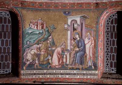 Tilbedelse af den mosaiske magi af Pietro Cavallinis apsis (aktiv omkring 1273-1330) slutningen af det 13. århundrede (Tilbedelse af magierne, mosaik fra apsis af Pietro Cavallini, slutningen af det 13. århundrede) Rom, Santa Maria-kirken i Trastevere Ital af Pietro Cavallini