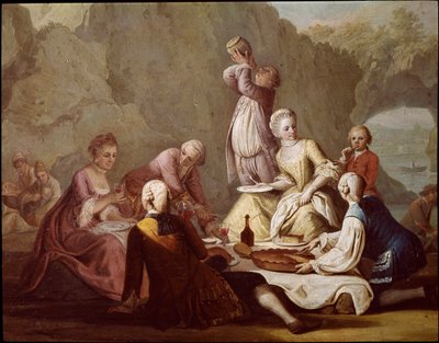 Banketscene i Posillipo (Pausilippe) Napoli Detalje af aristokrater på picnic - Banket i Posillipo - Detalje af aristokrater - Maleri af Pietro Fabris Museo Nazionale di San Martino Napoli fra det 18. århundrede af Pietro Fabris