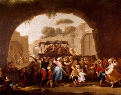 Dansescene og populær fest i Naples Detail. Tarantella dansere (tarantella, tarantella). Maleri af Pietro Fabris (aktivt mellem 1763 og 1776) 1700-tallets Napoli, Museo Nazionale di San Martino af Pietro Fabris