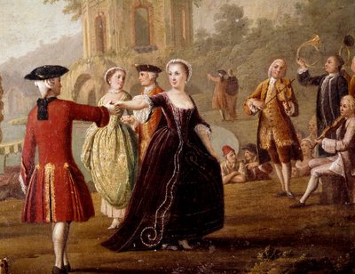 Ædel dans og festscene i Napoli Dansere i en park. Maleri af Pietro Fabris (aktivt mellem 1763 og 1776). Napoli fra det 18. århundrede, Museo Nazionale di San Martino af Pietro Fabris