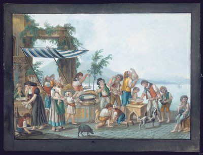 Spaghetti-spisere ved Napoli-bugten med Vesuv i baggrunden (gouache på papir) af Pietro Fabris