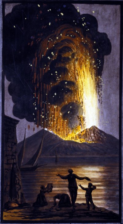Den udbrudte vesuv. Denne gouache blev udført af Pierre Fabris, efter anmodning fra Sir William Hamilton, engelsk ambassadør i Napoli.Bibl. Braidense, Milano. af Pietro Fabris