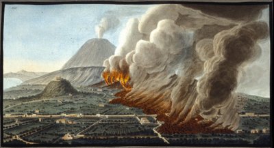 Den udbrudte vesuv. Denne gouache blev udført af Pierre Fabris, efter anmodning fra Sir William Hamilton, engelsk ambassadør i Napoli.Bibl. Braidense, Milano. af Pietro Fabris