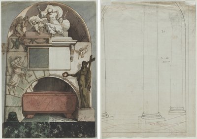 Design til en fresko af en kunstners grav i Certosa i Bologna (recto); Arkitektonisk tegning af søjler (verso) af Pietro Fancelli