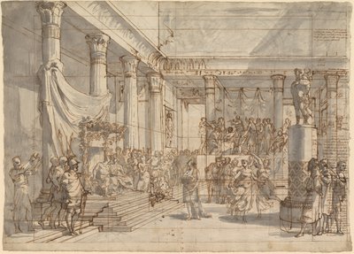 Timotheus spiller lyre foran Alexander og Thaïs i paladshallen i Persepolis af Pietro Fancelli