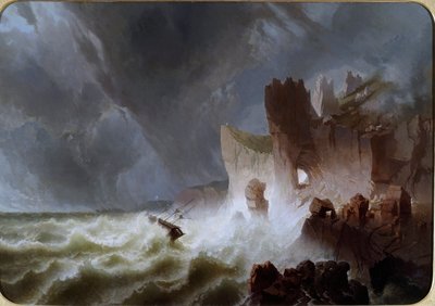 Lido solitario Marinelandskab, med skib fanget i stormen, og styrtede ned på klipperne. Maleri af Pietro Giuria (1800-tallet) Dim. 140x200 cm Genes Nervi, Galleria d