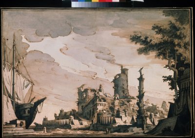 ""Udsigt over en havn"" Teaterindretning. Akvarel af Pietro di Gottardo Gonzaga (1751-1831) 1818. Akvarel og blæk på papir. Moskva, Pushkin Museum af Pietro Gonzaga