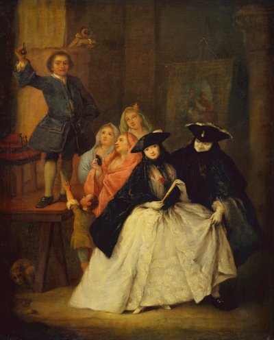 En Charlatan på en platform med maskerede figurer i forgrunden (olie på lærred) af Pietro Longhi