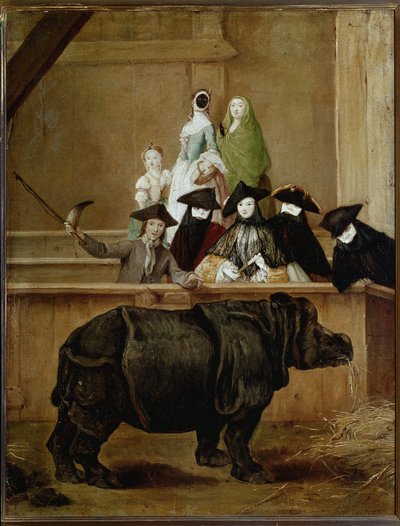 Udstilling af Clara, indisk næsehorn (olie på lærred af Pietro Longhi