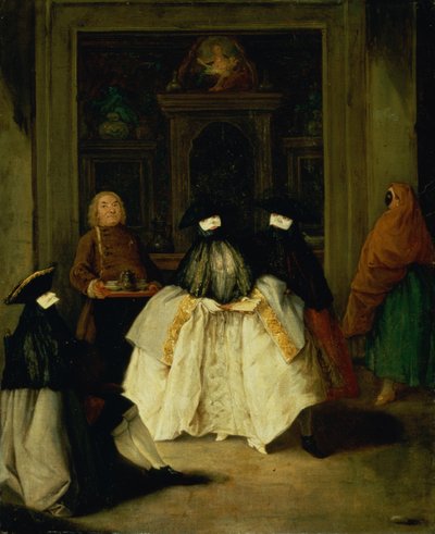 Maskerede figurer i et venetiansk kaffehus af Pietro Longhi