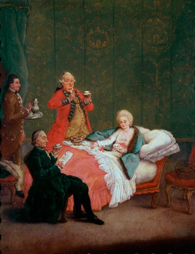 Morgenchokolade ung kvinde af adelen ligger i sin seng serveret af tre mænd. Maleri af Pietro Longhi (1702-1785) 1775-1780. Svag. 60x47 cm Ca 